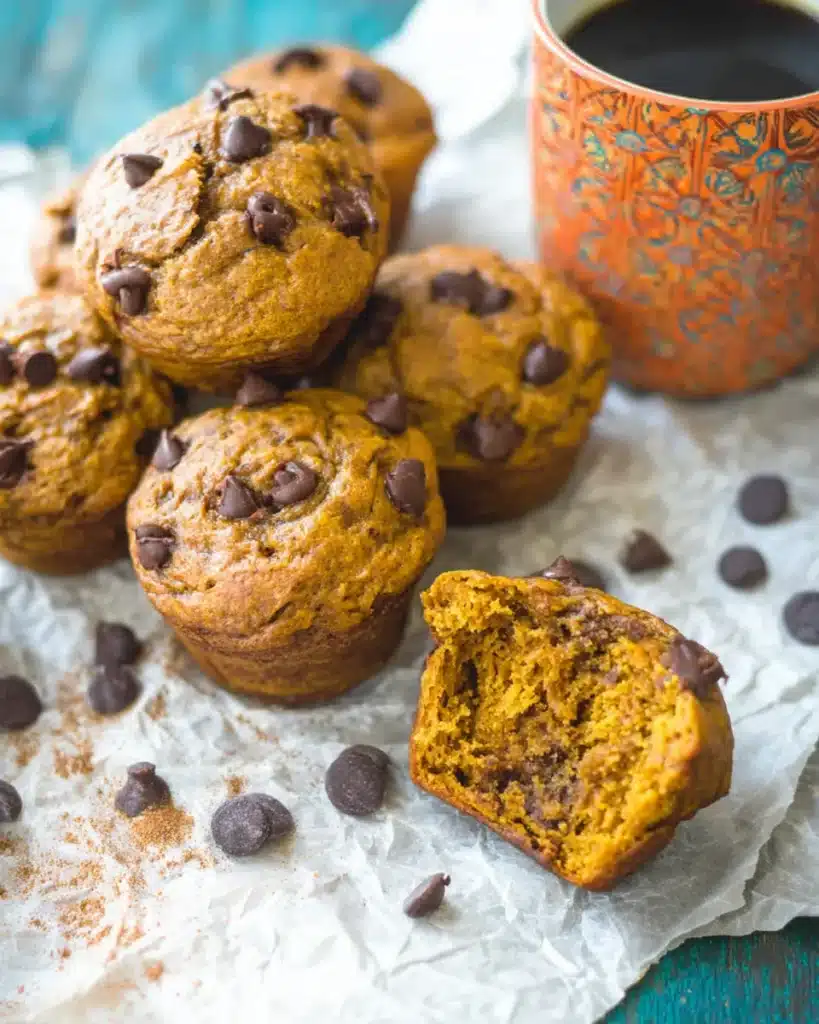 Stack of pumpkin chocolate chip muffins with cinnamon dusting, chocolate chips, and a soft orange mug in the background
