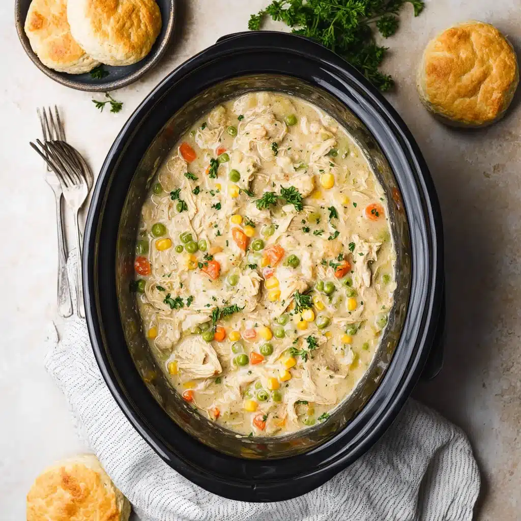 Overhead view of slow cooker filled with creamy chicken pot pie next to biscuits, herbs, and silver forks