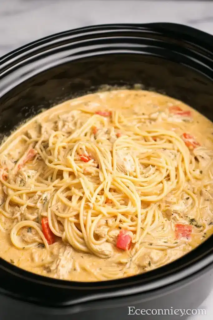 Slow cooker creamy chicken spaghetti with cheese sauce and colorful bell peppers