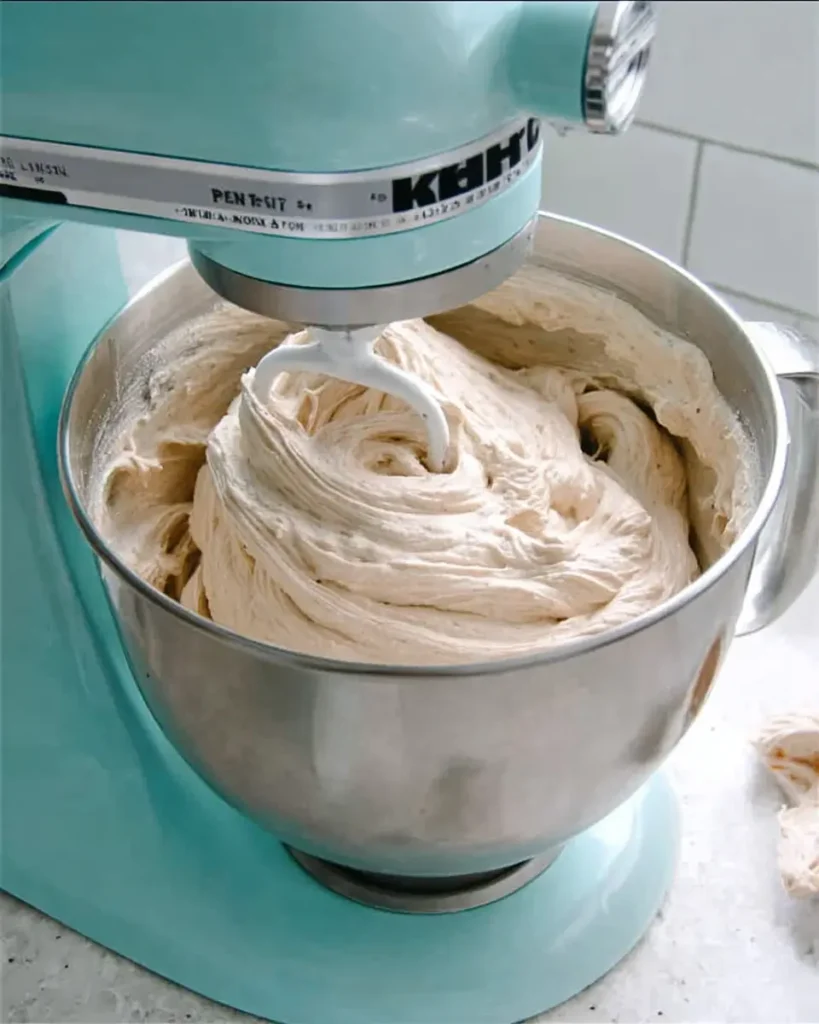 Fluffy cinnamon cream cheese frosting whipped in a pastel blue stand mixer