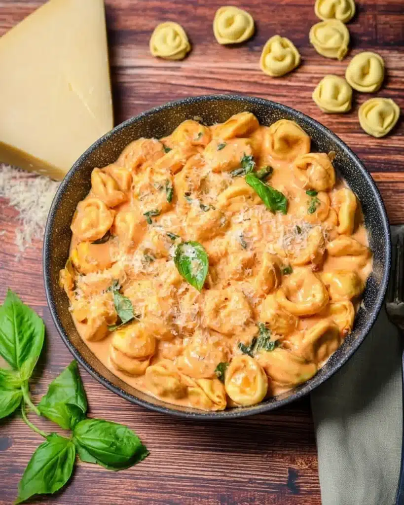 Bowl of creamy CrockPot chicken tortellini with tomato sauce, basil, and Parmesan on a rustic wooden table