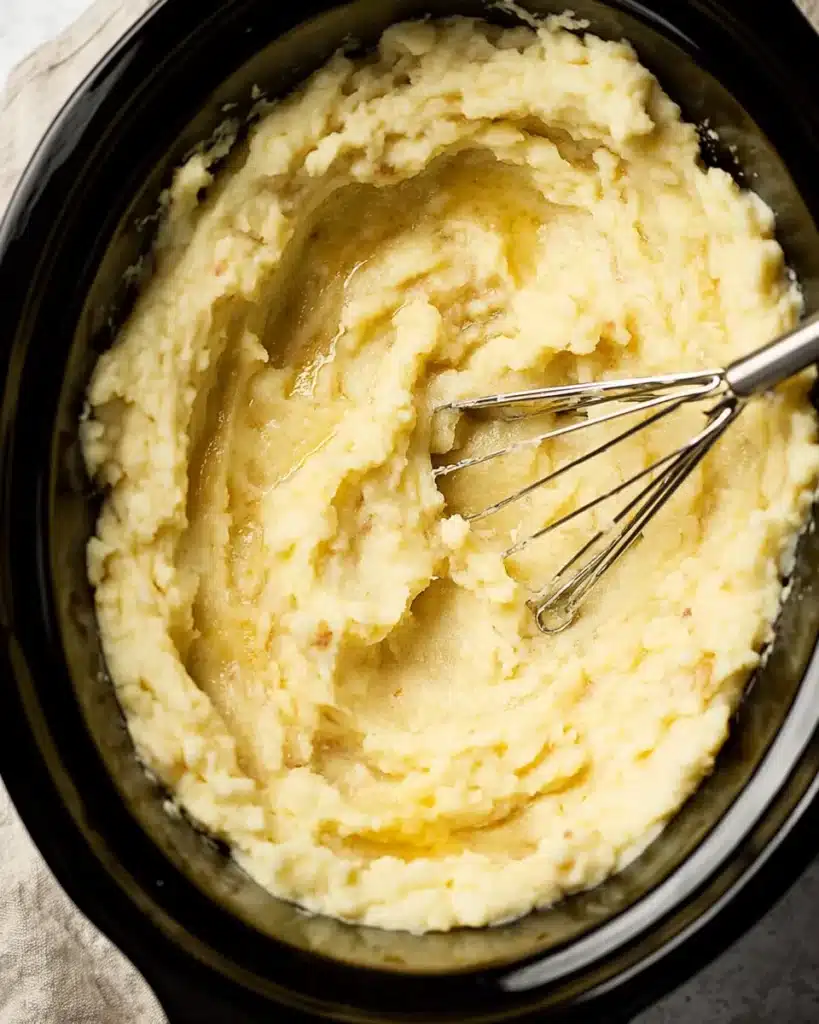 Close-up of creamy mashed potatoes with a masher in a black crockpot