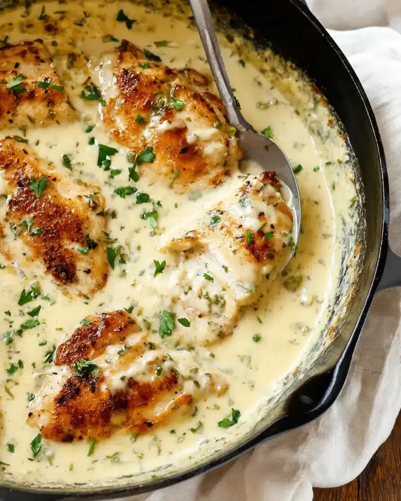 Skillet of creamy ranch chicken simmering in thick sauce with golden seared tops and parsley garnish