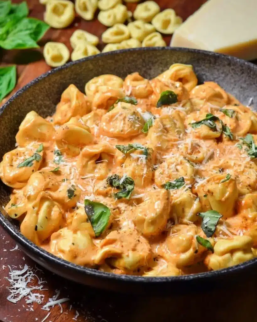 Creamy chicken tortellini in tomato sauce topped with basil and Parmesan in a black bowl