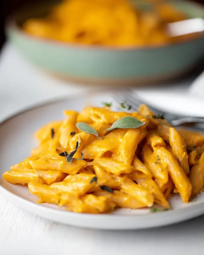 A plate of creamy vegan pumpkin penne pasta garnished with sage leaves