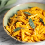 Creamy vegan pumpkin pasta with sage leaves in a rustic bowl on a light table