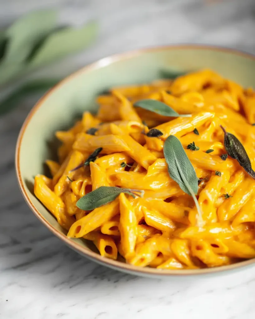 Creamy vegan pumpkin pasta with sage leaves in a rustic bowl on a light table