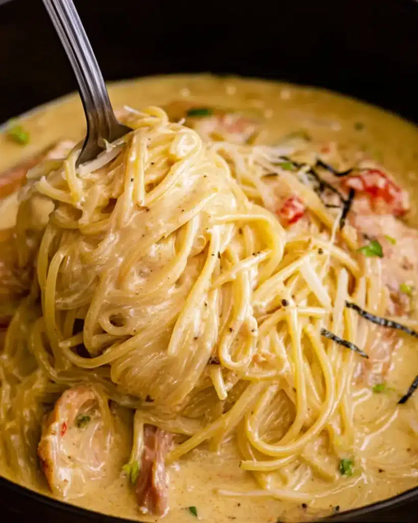  Creamy chicken spaghetti being twirled on a fork in cheesy sauce with tender chicken and herbs in a black slow cooker