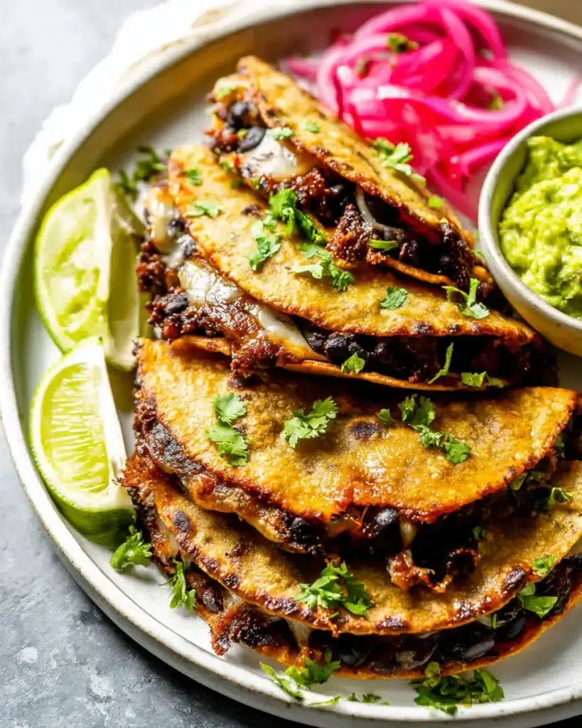Crispy black bean tacos served with creamy guacamole and zesty pickled onions on a rustic plate for a delicious vegetarian dinner