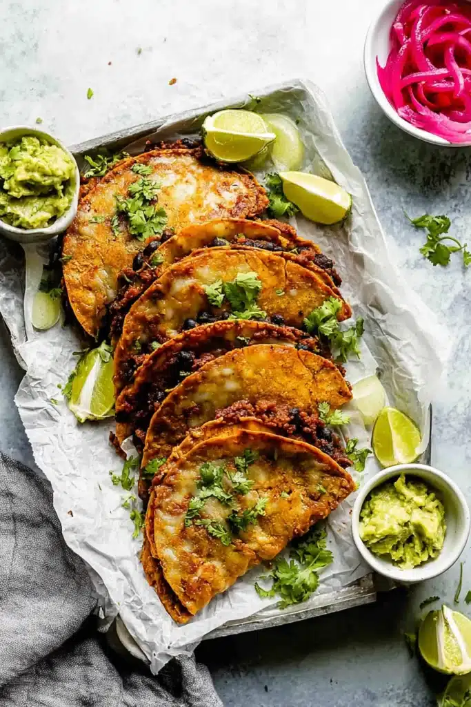 Crispy black bean tacos with lime and cilantro on a tray