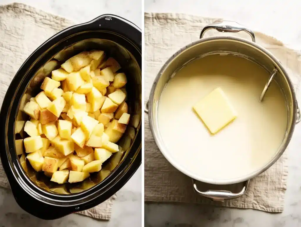 Chopped Yukon Gold potatoes in a crockpot and butter with cream in a saucepan