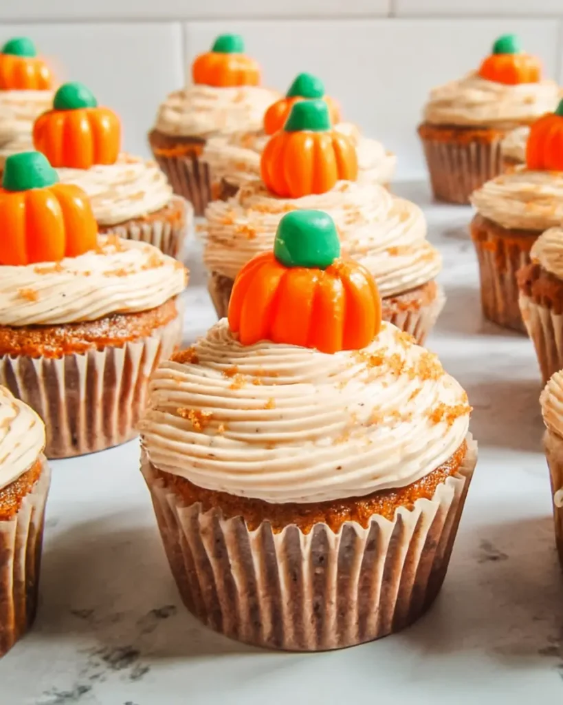 Pumpkin cupcakes in fall liners topped with swirled cinnamon cream cheese frosting
