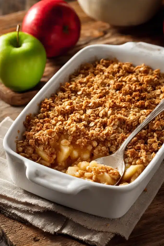 "Close-up of easy apple crisp in white baking dish with spoon, showing crispy oat topping and tender cinnamon apples, fresh apples in background"
