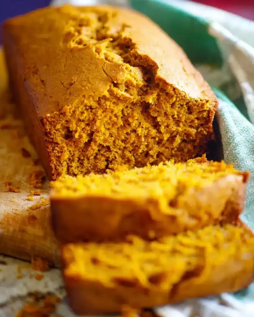 Freshly baked homemade pumpkin bread loaf sliced to reveal soft, moist texture