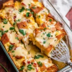 Baked Eggs Benedict Casserole in a glass dish with hollandaise sauce and parsley garnish