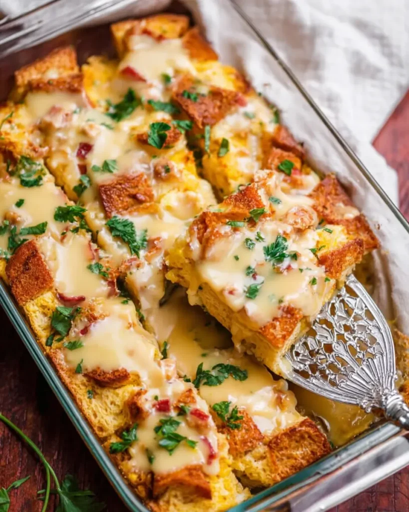 Baked Eggs Benedict Casserole in a glass dish with hollandaise sauce and parsley garnish