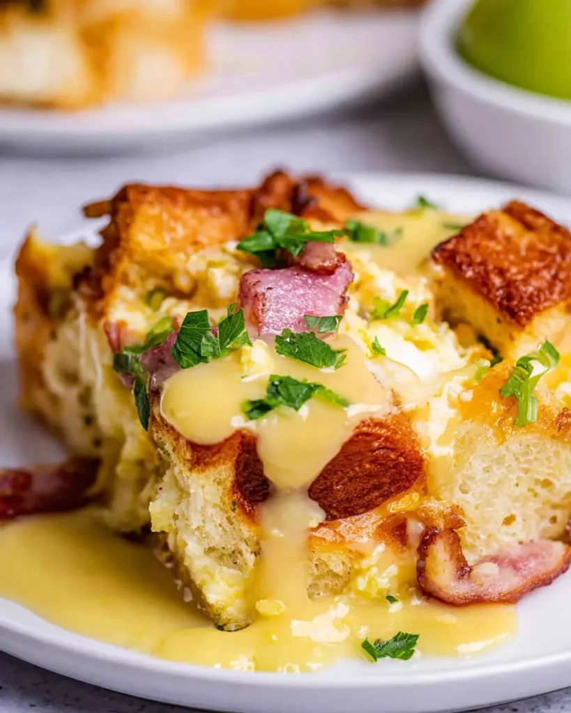 Close-up of creamy Eggs Benedict Casserole with hollandaise sauce and crispy toasted topping