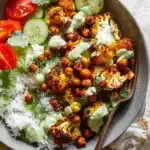 Top-down view of cauliflower shawarma bowl with rice, crispy chickpeas, roasted cauliflower, and green tahini sauce.