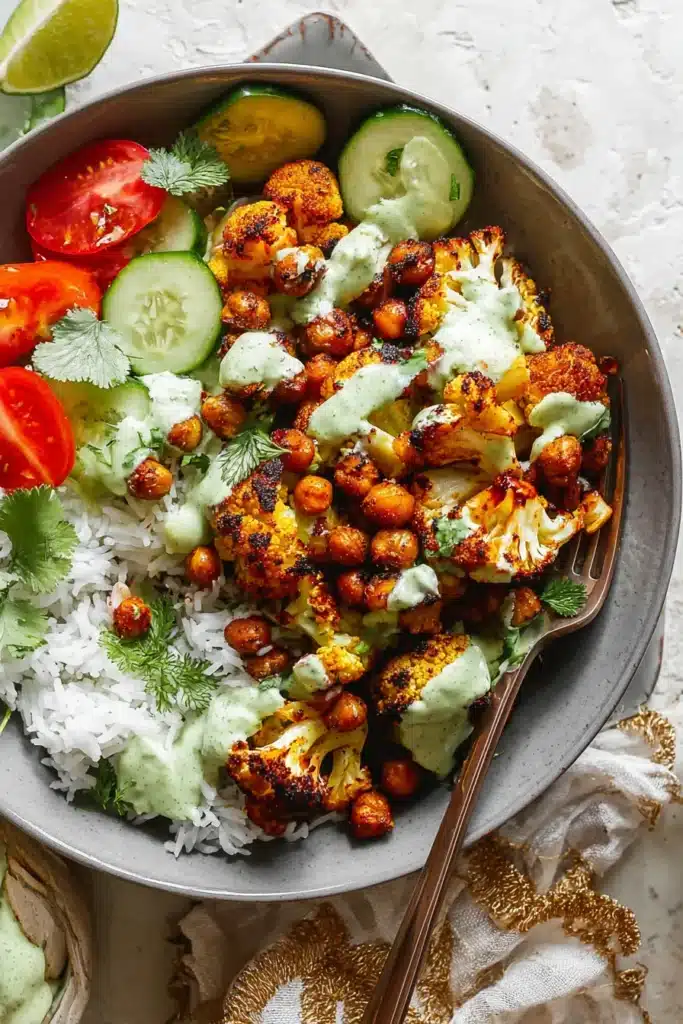 Top-down view of cauliflower shawarma bowl with rice, crispy chickpeas, roasted cauliflower, and green tahini sauce.