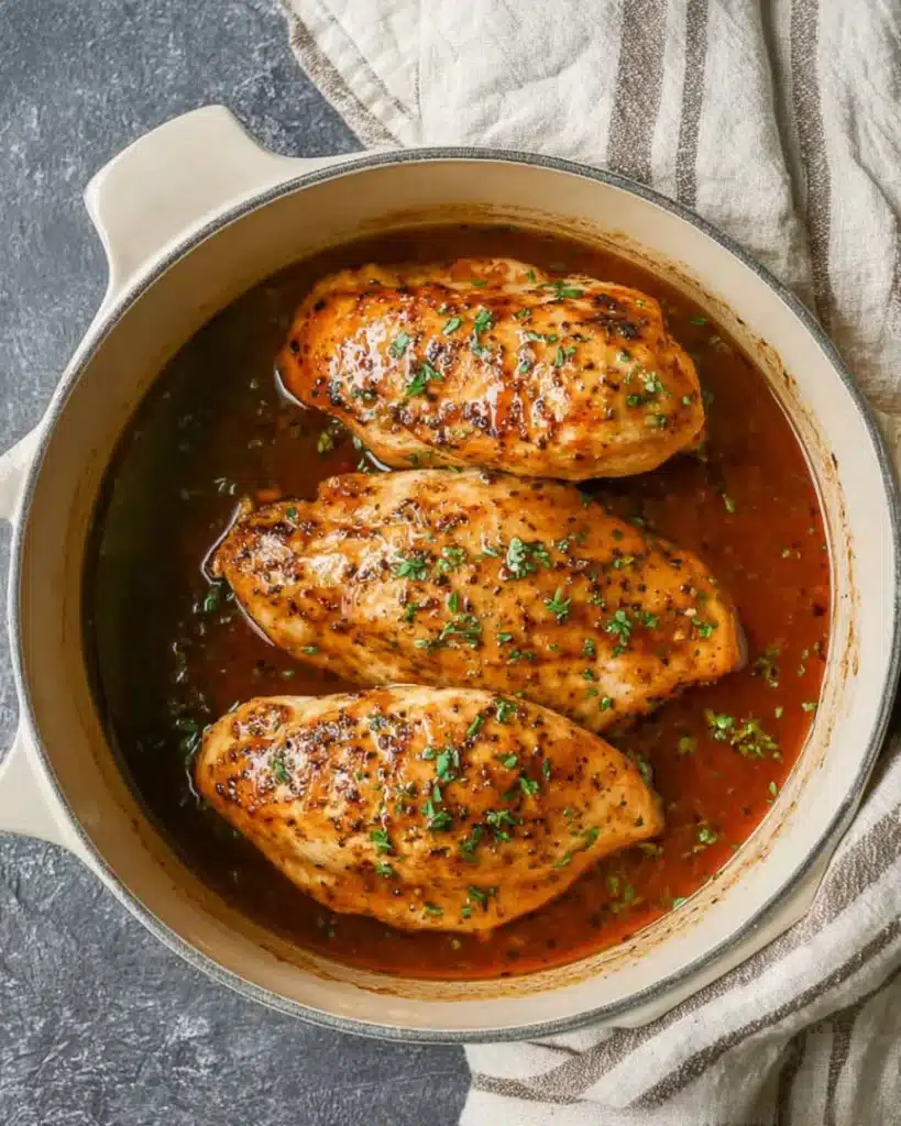 Baked brown sugar garlic chicken breasts in rustic baking dish with rich caramelized sauce
