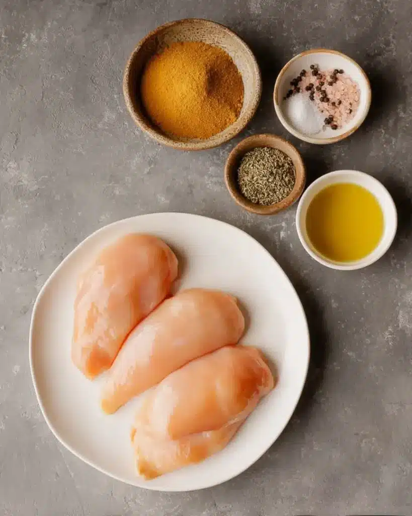 Top-down view of chicken breasts, olive oil, brown sugar, dried thyme, garlic powder, salt, and black pepper on a rustic slate background