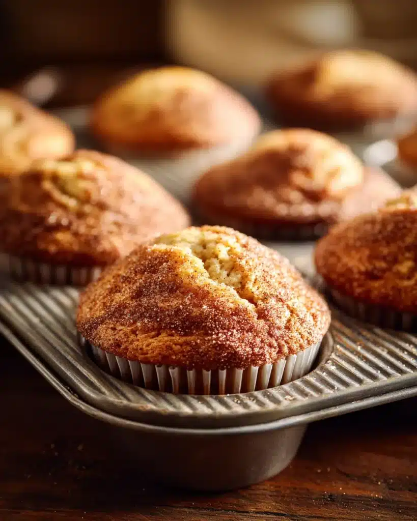 Freshly baked cinnamon muffins in pan with golden tops dusted in cinnamon sugar.