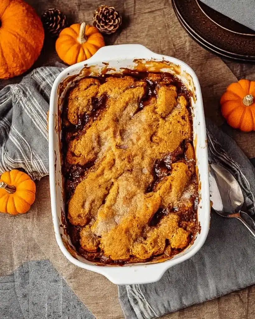 Baked pumpkin cobbler in a ceramic dish with golden crust and caramel edges, styled with mini pumpkins and fall decor