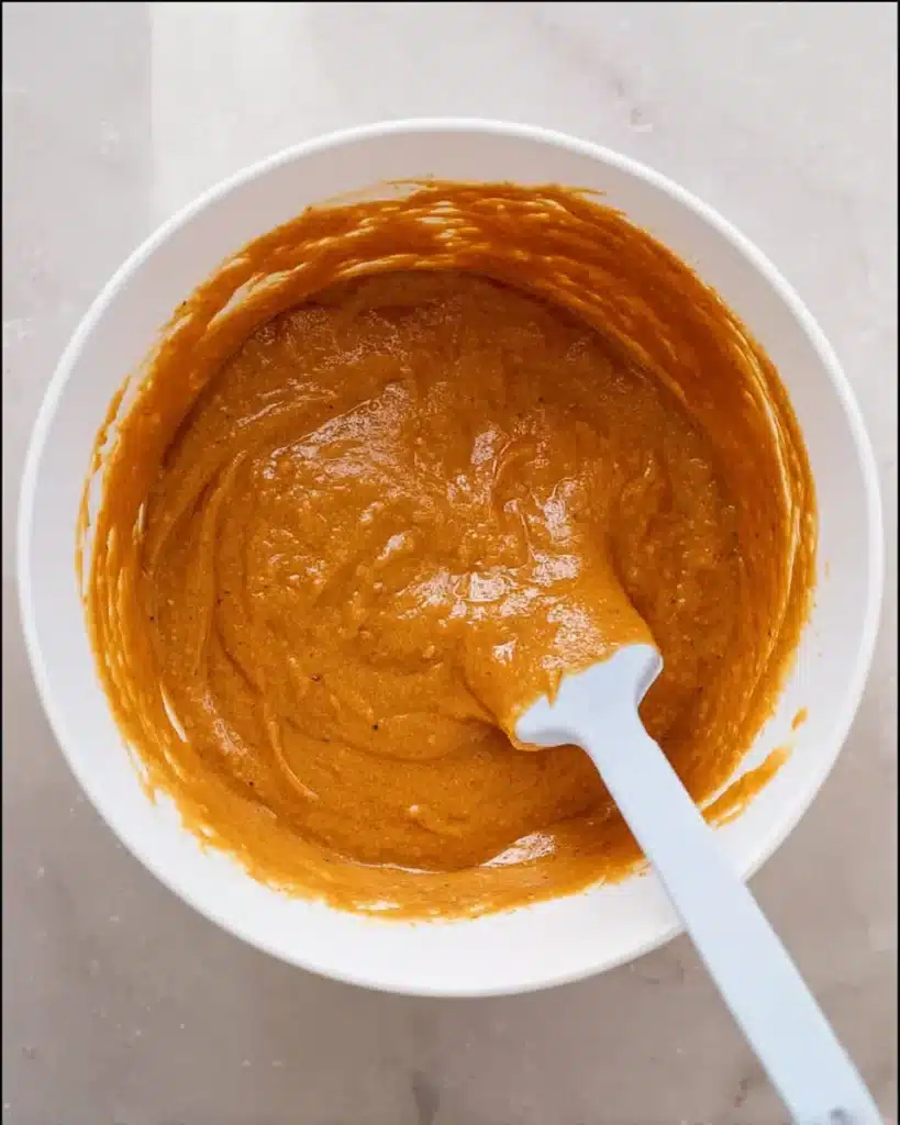 Mixed pumpkin cupcake batter in a white bowl with spatula on marble surface