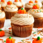 Pumpkin cupcakes with cinnamon cream cheese frosting topped with pumpkin candies and fall sprinkles on a cozy surface