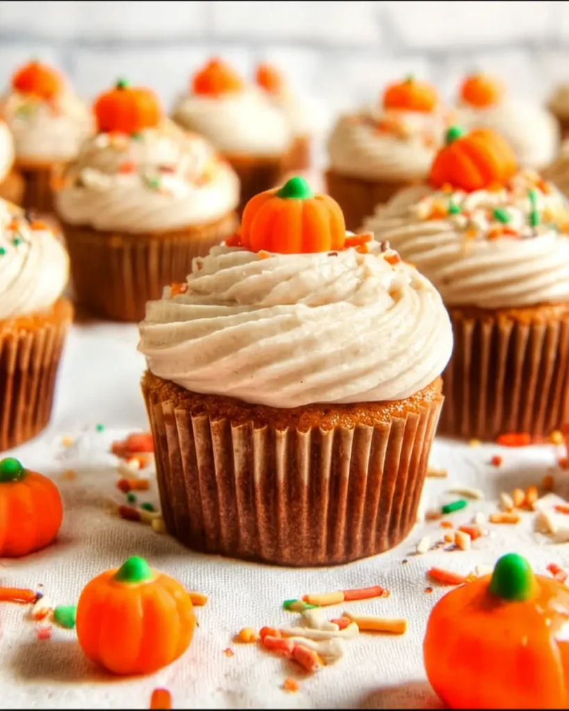 Pumpkin cupcakes with cinnamon cream cheese frosting topped with pumpkin candies and fall sprinkles on a cozy surface