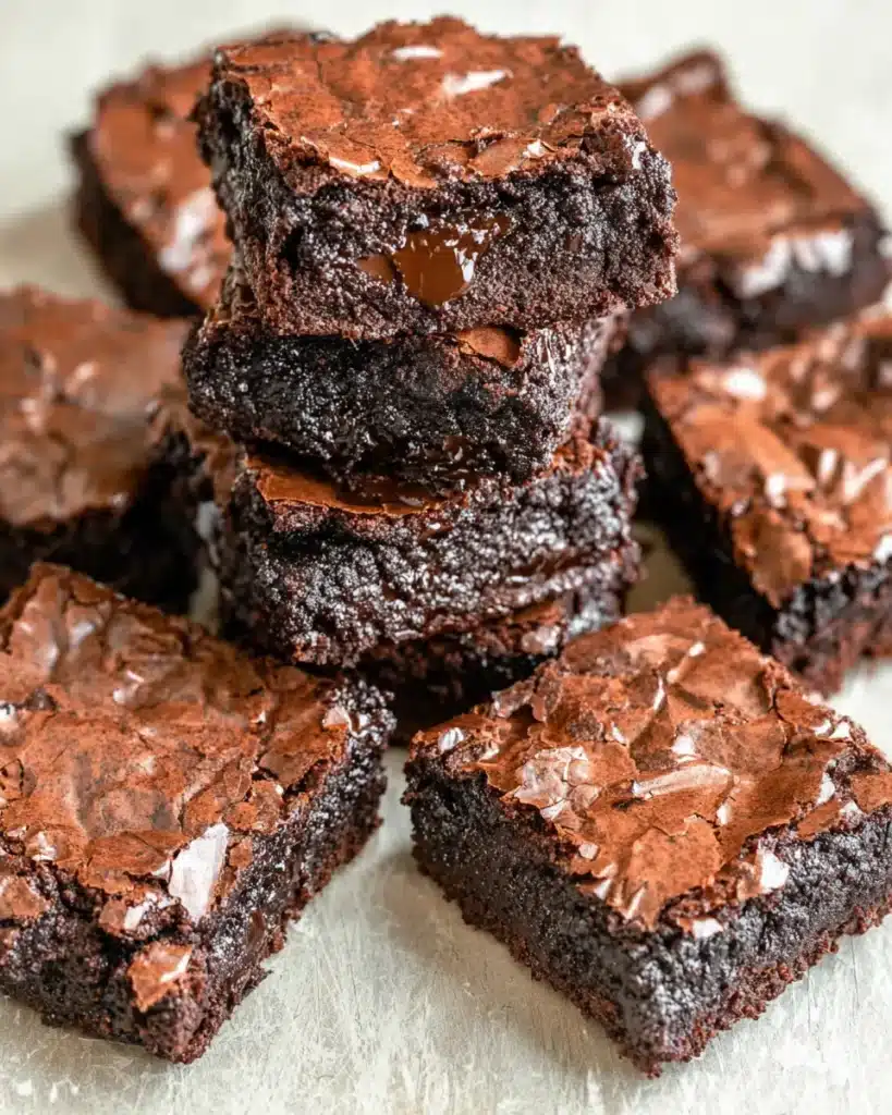 Scattered squares of rich fudgy brownies with cracked glossy tops and gooey melted chocolate on rustic wooden surface