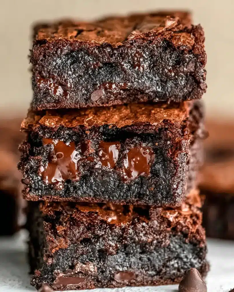 Stack of rich fudgy brownies with cracked crust and melted chocolate inside on wooden surface