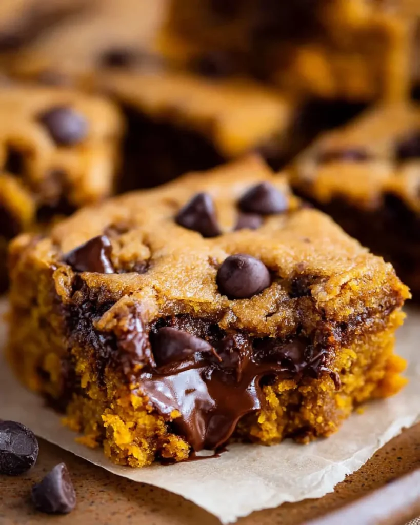 Moist pumpkin bar with gooey chocolate chips melting from the center, close-up view
