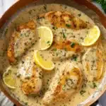 Creamy Garlic Parmesan Chicken simmered in a skillet with golden seared chicken breasts, fresh parsley, and lemon slices in a rich parmesan sauce.