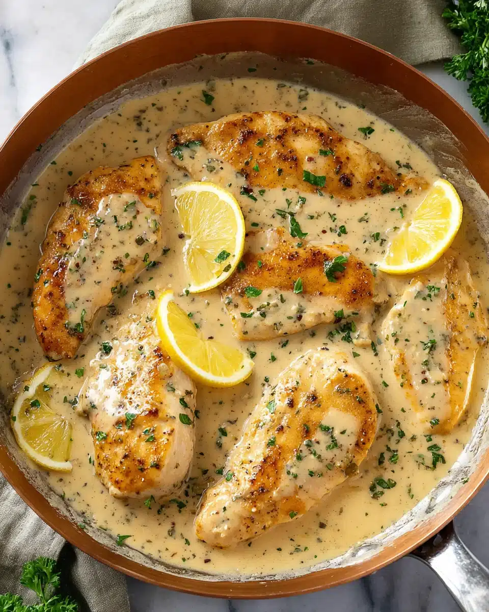 Creamy Garlic Parmesan Chicken simmered in a skillet with golden seared chicken breasts, fresh parsley, and lemon slices in a rich parmesan sauce.