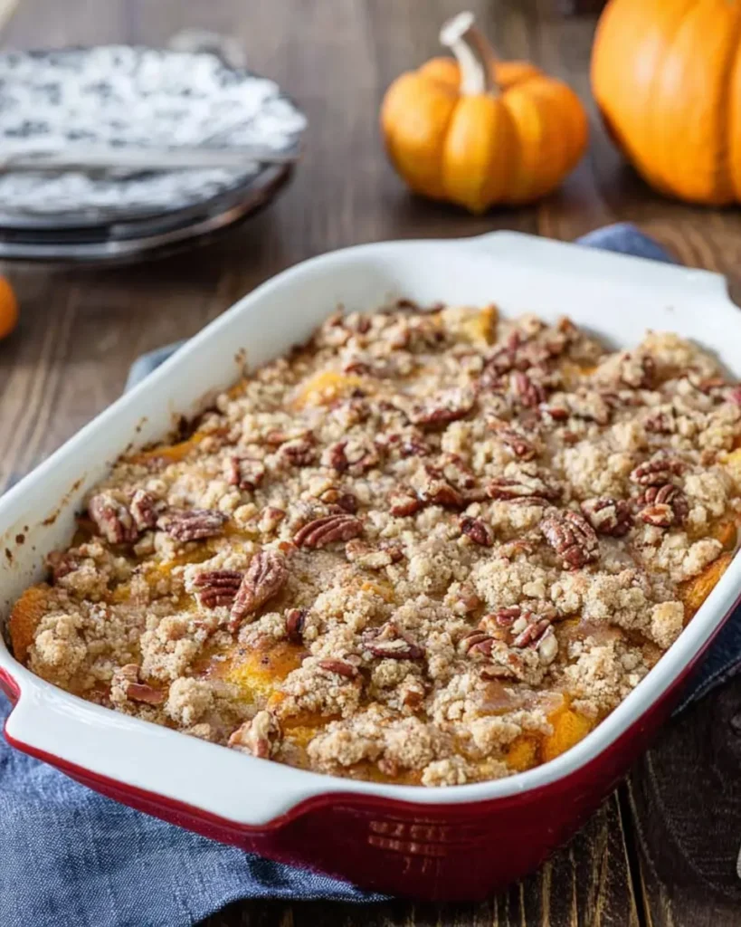 Baked pumpkin French toast casserole topped with crunchy pecan streusel in white and red baking dish