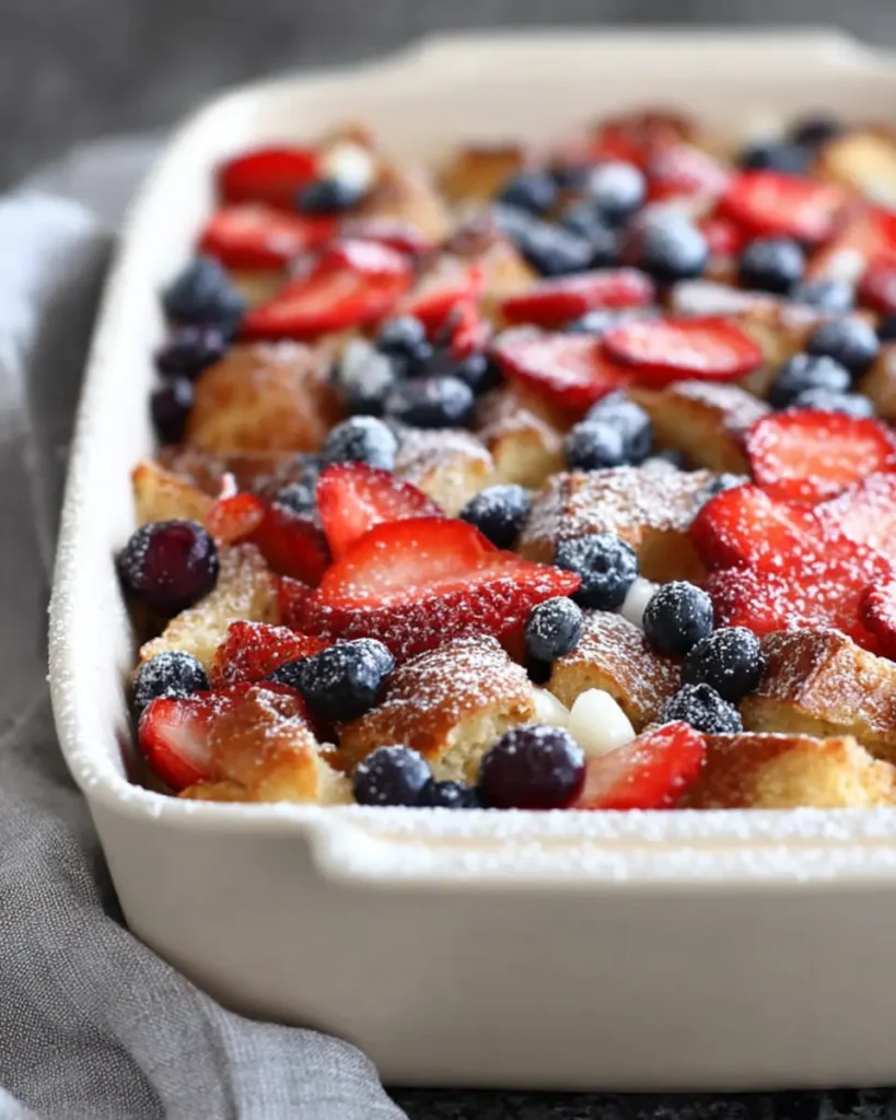 Side view of berry French toast casserole with golden bread cubes, strawberries, and blueberries in a white baking dish, topped with powdered sugar.