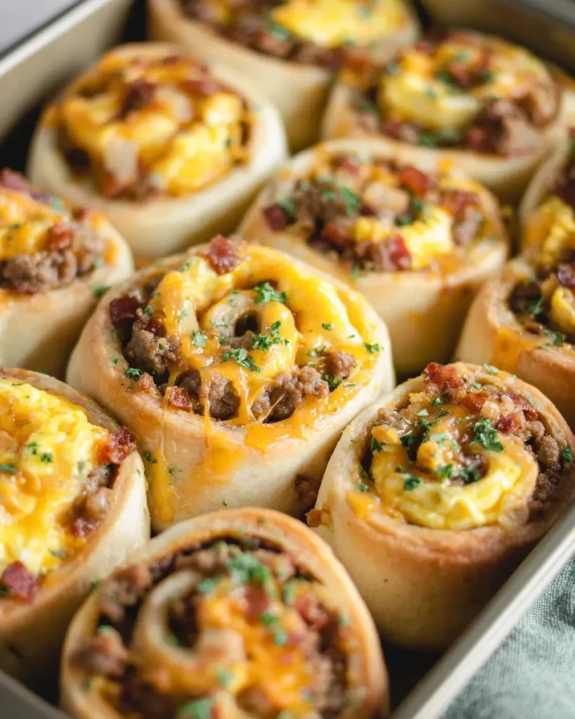 Close-up of golden breakfast rolls filled with sausage, egg, bacon, and cheese