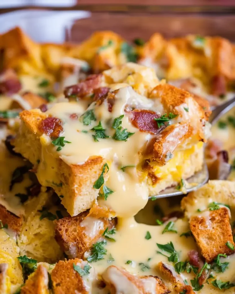 Golden slice of Eggs Benedict Casserole topped with hollandaise sauce and herbs