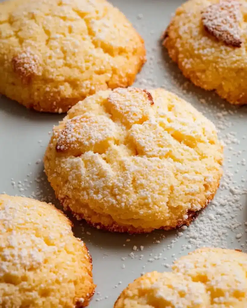 Golden keto cream cheese cookies with crisp edges and powdered sweetener on a ceramic tray