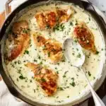 Creamy ranch chicken simmering in a cast iron skillet with golden seared tops and fresh parsley garnish
