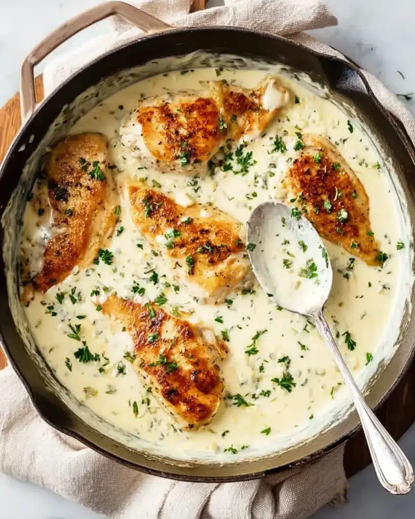 Creamy ranch chicken simmering in a cast iron skillet with golden seared tops and fresh parsley garnish
