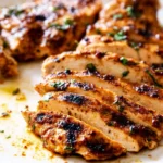 Grilled chicken breast marinated in Mexican spices, sliced and served on a white plate with herbs and chili oil.