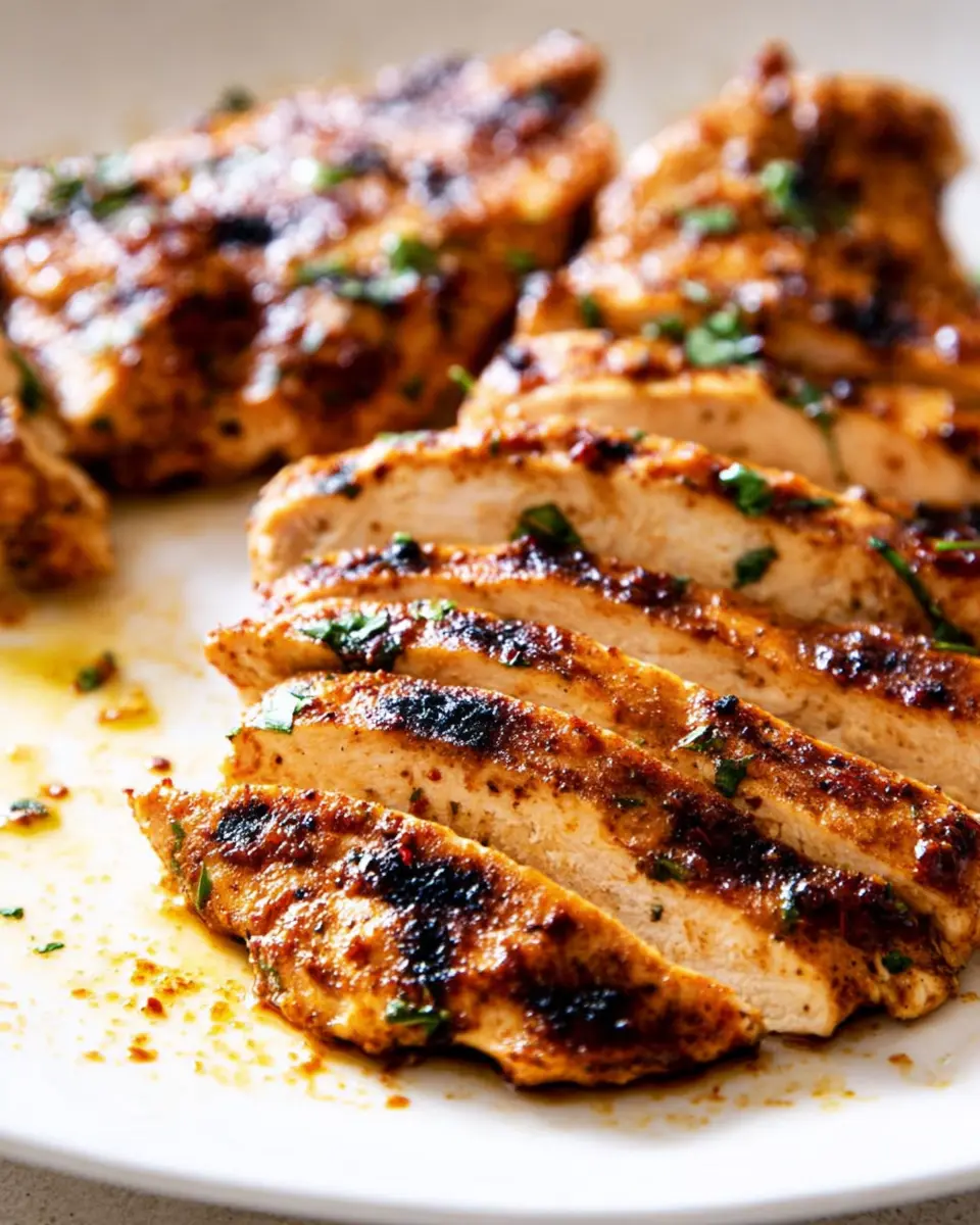 Grilled chicken breast marinated in Mexican spices, sliced and served on a white plate with herbs and chili oil.