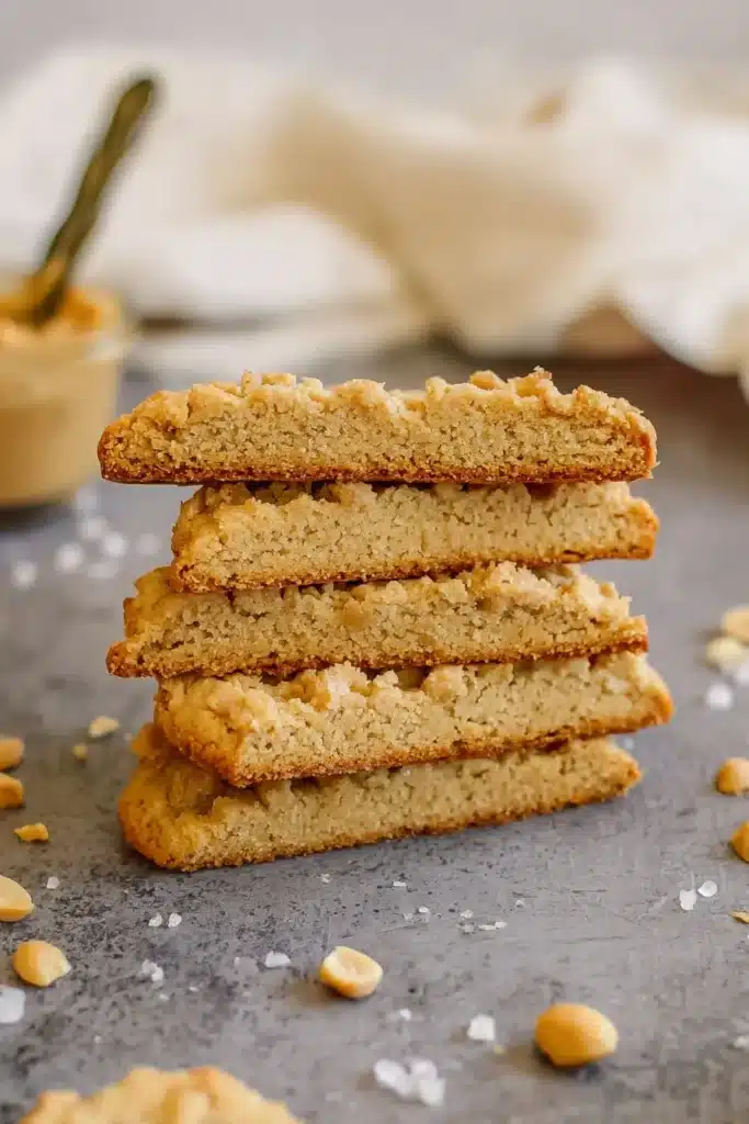 Stack of peanut butter cookie halves showing soft chewy interior on rustic surface