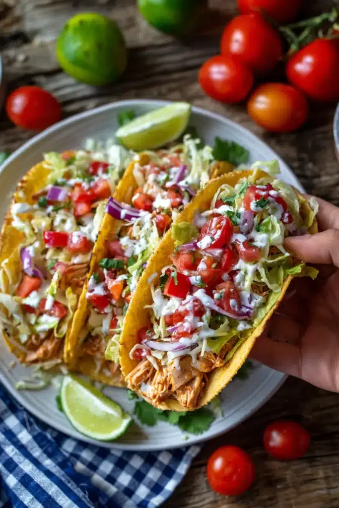 Hand holding a Slow Cooker Ranch Chicken Taco with fresh toppings and ranch drizzle