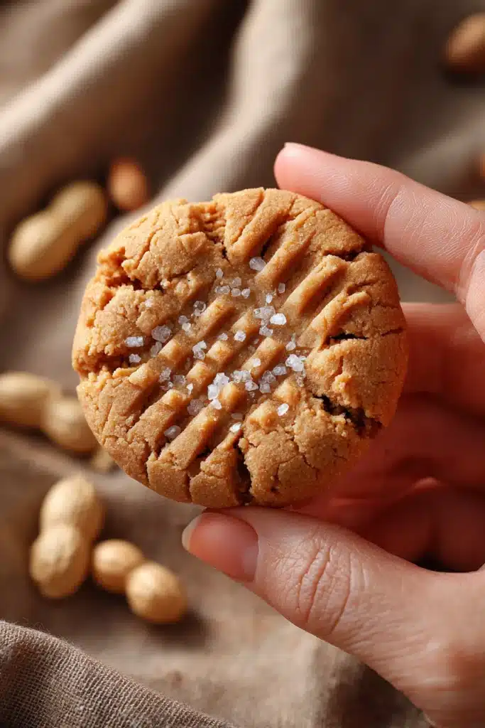 Close-up of rustic peanut butter cookie with fork marks and sea salt held in hand