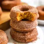 Stack of baked pumpkin donuts coated in cinnamon sugar with a bite showing soft pumpkin interior