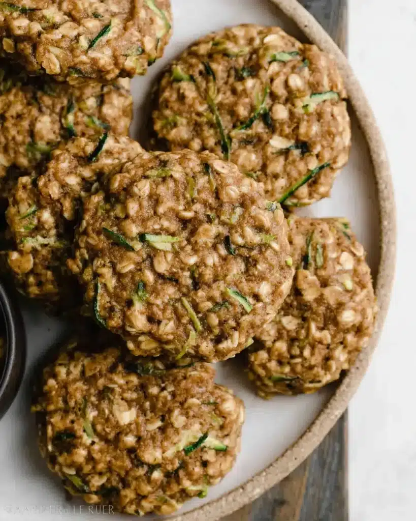 Soft chewy zucchini oatmeal cookies with visible oats and zucchini, stacked on a ceramic plate.