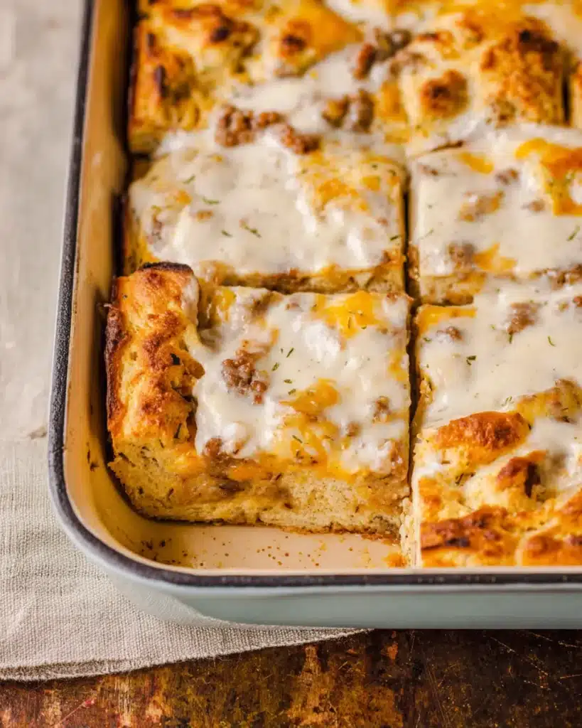 Biscuits and gravy breakfast casserole in a pan, with creamy gravy topping and golden biscuit layers